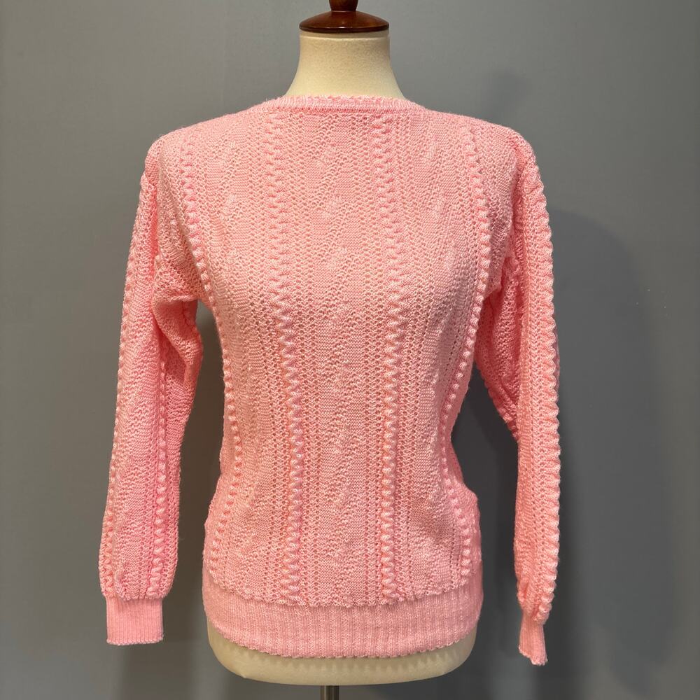 VTG Pink Textured Knit Sweater Style Cable Knit Soft Cozy Keren, Size Small